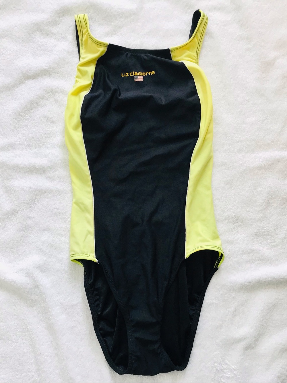 Vtg Liz Claiborne One Piece Swimsuit Size 8 Team USA Black and lime yellow.